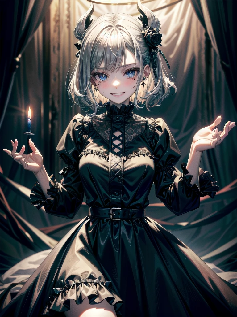 whole body, (inside basement), skirt, shirt, long sleeves, frills, evil grin, creepy, (candles), hair ornament, skeleton dolls, tapestry, horror theme, absurdres, RAW photo, extremely delicate and beautiful, masterpiece, Best Quality, ultra high resolution, 32k, hyperrealistic, ultra-detailed, detailed description, pale skin, 20 years old, tearful mole, earring, Colossal tits, short medium hair, wavy hair,