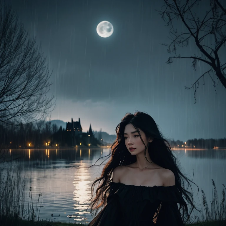 a Japanese girl, smoking a cigarette, wearing Victorian gothic clothing, leaning on a large bridge near the sea, looking at the starry sky on a full moon night, with cedar trees of Lebanon in the background