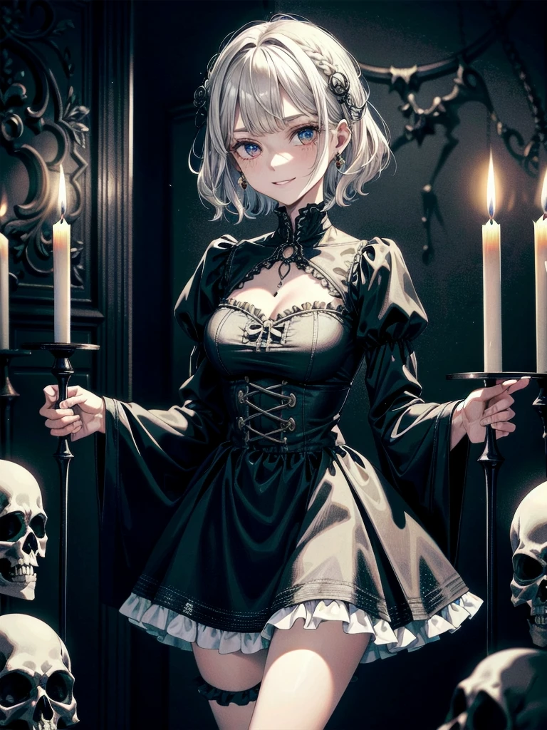 whole body, inside basement, skirt, shirt, long sleeves, frills, evil grin, creepy, skulls, candle, hair ornament, bone, doll, tapestry, Magic Circle, horror theme, Colossal tits, ((blood splatter)), blood on clothes, blood stain, absurdres, RAW photo, extremely delicate and beautiful, masterpiece, Best Quality, ultra high resolution, 32k, hyperrealistic, ultra-detailed, detailed description, pale skin, 20 years old, detailed beautiful face and eyes, tearful mole, earring, Colossal tits, short medium hair, wavy hair,
