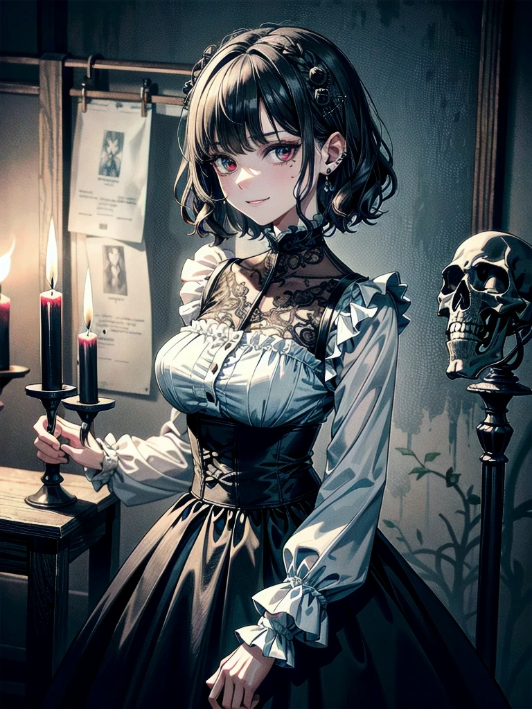whole body, (inside basement), skirt, shirt, long sleeves, frills, evil grin, creepy, (candles), hair ornament, skeleton dolls, tapestry, horror theme, absurdres, RAW photo, extremely delicate and beautiful, masterpiece, Best Quality, ultra high resolution, 32k, hyperrealistic, ultra-detailed, detailed description, pale skin, 20 years old, tearful mole, earring, Colossal tits, short medium hair, wavy hair,
