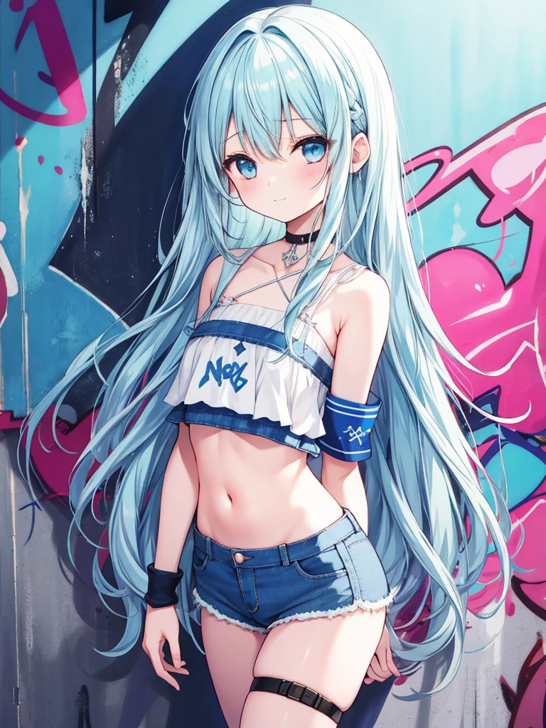 masterpiece, best quality, extremely detailed, (illustration, official art:1.1), 1 girl ,(((( light blue long hair)))), ,(((( light blue long hair)))),light blue hair, ,10 years old, long hair ((blush)) , cute face, big eyes, masterpiece, best quality,(((((a very delicate and beautiful girl))))),Amazing,beautiful detailed eyes,blunt bangs((((little delicate girl)))),tareme(true beautiful:1.2), sense of depth,dynamic angle,,,, affectionate smile, (true beautiful:1.2),,(tiny 1girl model:1.2),)(flat chest)),(cowboy shot), (best quality, ultra-high resolution, depth of field:1.2), adult, 1woman, solo, toned, bangs, crop top, denim shorts, choker, (graffiti:1.4), paint splatter, arms behind back, (slouching), (leaning back:0.5), against wall, (leaning to the side:0.5), looking at viewer, armband, thigh strap, streaked hair, paint on body, upturned eyes, head down, head tilt, (from side:1), bored