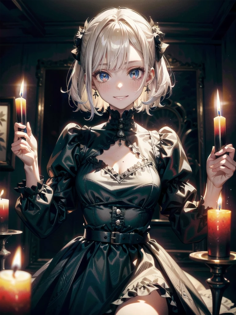 whole body, (inside basement), skirt, shirt, long sleeves, frills, evil grin, creepy, candles, hair ornament, (dolls), tapestry, horror theme, absurdres, RAW photo, extremely delicate and beautiful, masterpiece, Best Quality, ultra high resolution, 32k, hyperrealistic, ultra-detailed, detailed description, pale skin, 20 years old, tearful mole, earring, Colossal tits, short medium hair, wavy hair,