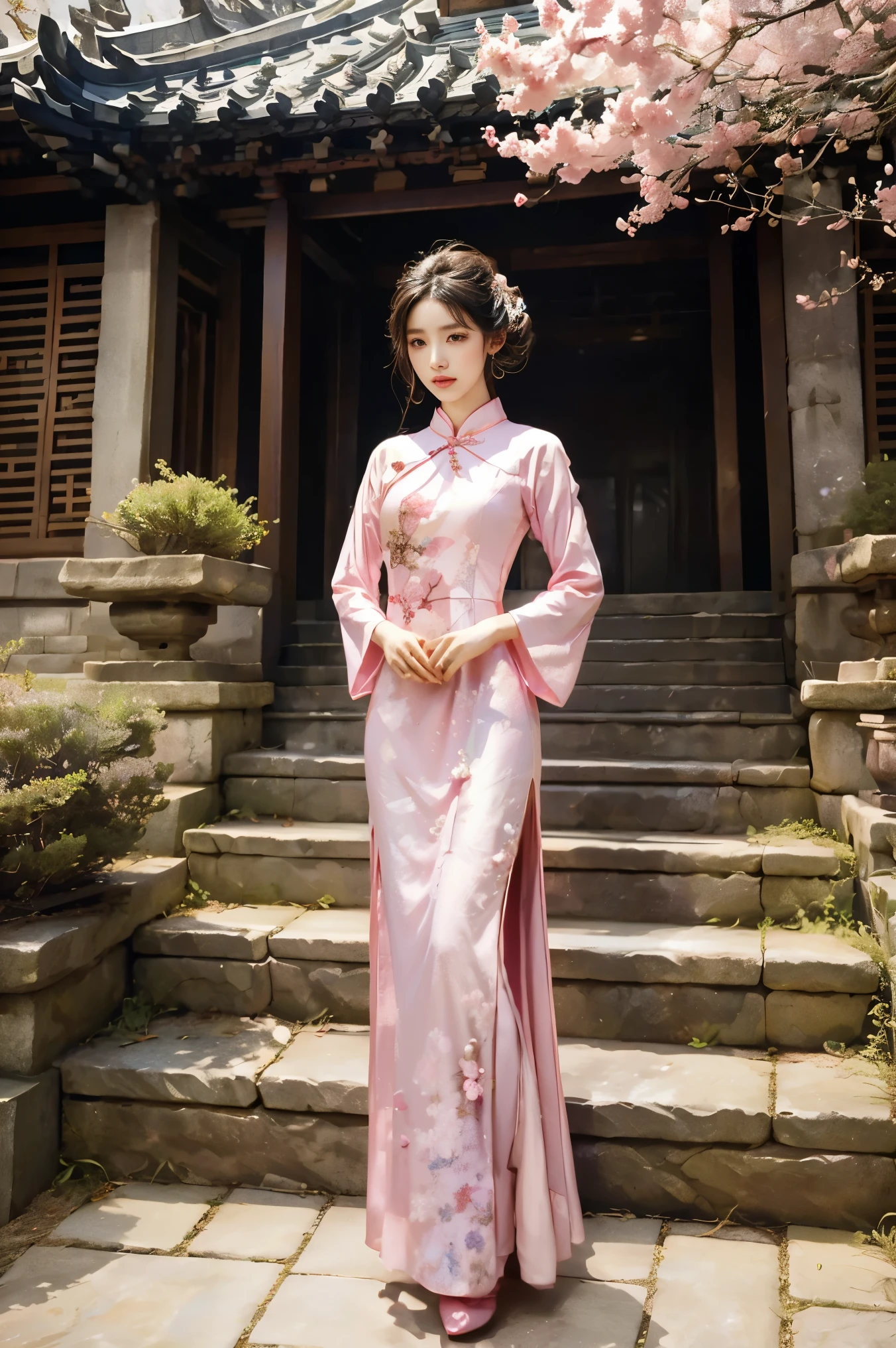 Girl wearing pink antique long cheongsam，Turn your head 45 degrees to the left，Direct vision，Very delicate face，Body slightly tilted to the right，Hands together，Black curly hair，Style reference: Sword King 3，folk-custom，Ancient style classical style，Beauty Mage，The background is a split-level loft，Cherry blossoms blooming next to，Stone floor underfoot，Behind is the stone steps，Design and costumes from Honor of Kings Zhen Ji&#39;s Garden Dream，Inspiration: Song Maojin，Elegant Numbers，Beautiful full body concept art，Beautiful digital artwork，Flowing cherry blossom silk, Chen Lin, Rob Ray and Kentaro Miura style, inspired by Fenghua Zhong, by Qu Leilei, by Lengmei, by Li Song