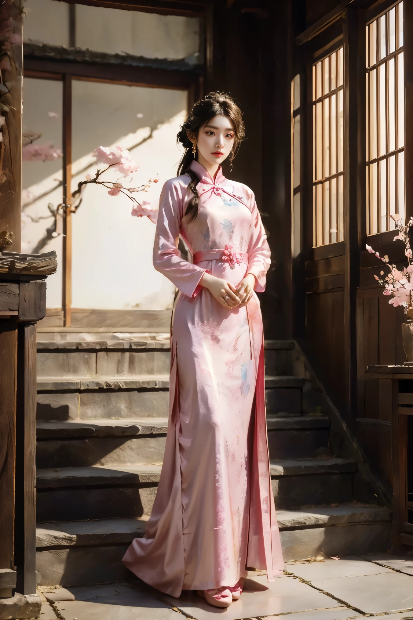 Girl wearing pink antique long cheongsam，Turn your head 45 degrees to the left，Direct vision，Very delicate face，Body slightly tilted to the right，Hands together，Black curly hair，Style reference: Sword King 3，folk-custom，Ancient style classical style，Beauty Mage，The background is a split-level loft，Cherry blossoms blooming next to，Stone floor underfoot，Behind is the stone steps，Design and costumes from Honor of Kings Zhen Ji&#39;s Garden Dream，Inspiration: Song Maojin，Elegant Numbers，Beautiful full body concept art，Beautiful digital artwork，Flowing cherry blossom silk, Chen Lin, Rob Ray and Kentaro Miura style, inspired by Fenghua Zhong, by Qu Leilei, by Lengmei, by Li Song