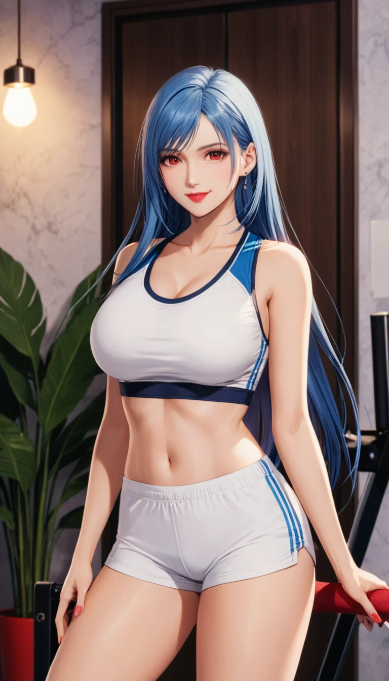 best quality,masterpiece, an extremely delicate and beautiful, CG,extremely detailed ,highres, extremely detailed,depth of field, 1girl,beautiful detailed girl,blue_hair, long_hair, beautiful detailed red eyes,(makeup:1.2),Red lips,light on face,(seductive smile:1.2),,(thigh),gym uniform,indoor, Plant decorations,(cowboy shot:1.5)