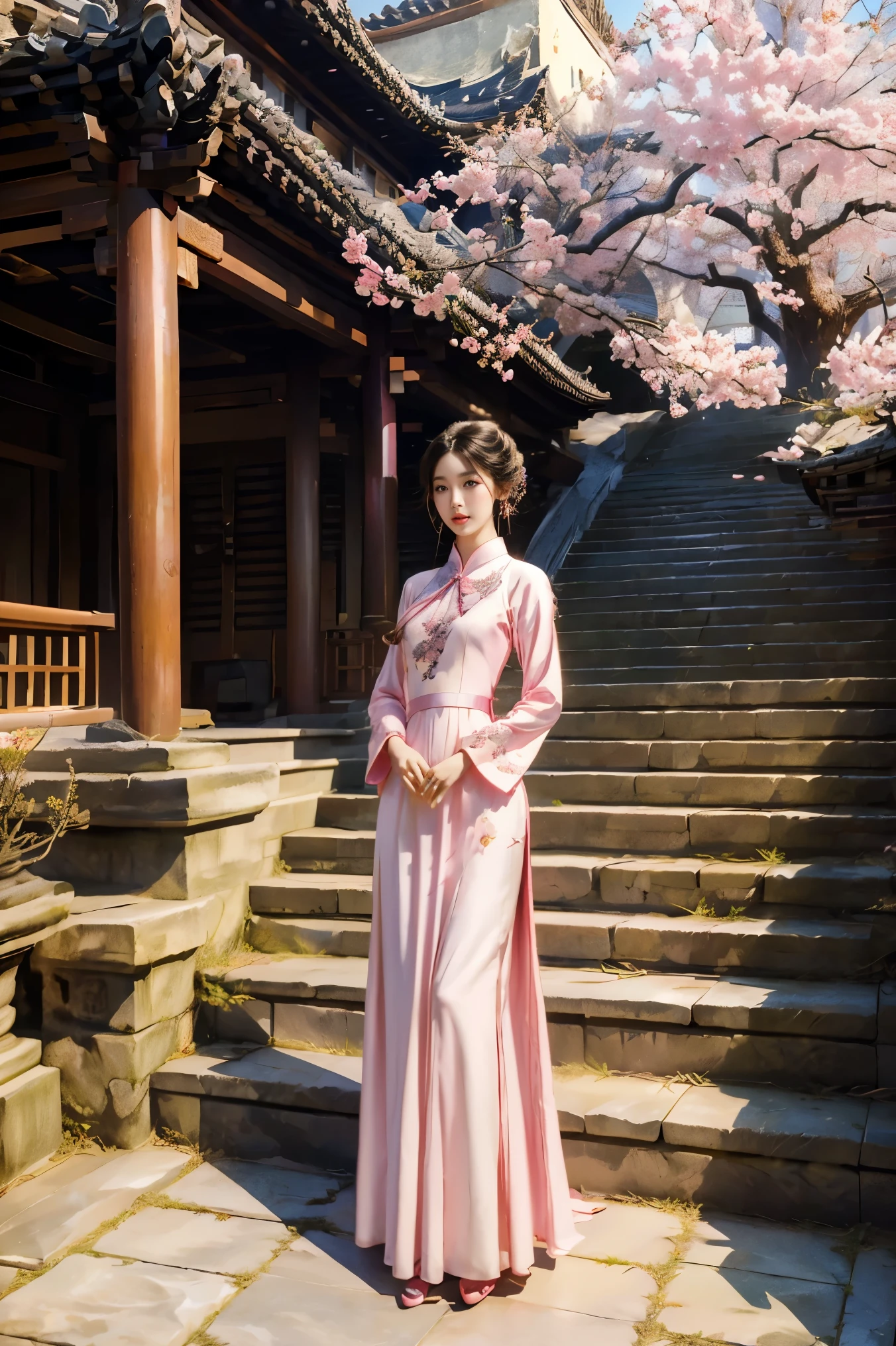 Girl wearing pink antique long cheongsam，Turn your head 45 degrees to the left，Direct vision，Very delicate face，Body slightly tilted to the right，Hands together，Black curly hair，Style reference: Sword King 3，folk-custom，Ancient style classical style，Beauty Mage，The background is a split-level loft，Cherry blossoms blooming next to，Stone floor underfoot，Behind is the stone steps，Design and costumes from Honor of Kings Zhen Ji&#39;s Garden Dream，Inspiration: Song Maojin，Elegant Numbers，Beautiful full body concept art，Beautiful digital artwork，Flowing cherry blossom silk, Chen Lin, Rob Ray and Kentaro Miura style, inspired by Fenghua Zhong, by Qu Leilei, by Lengmei, by Li Song