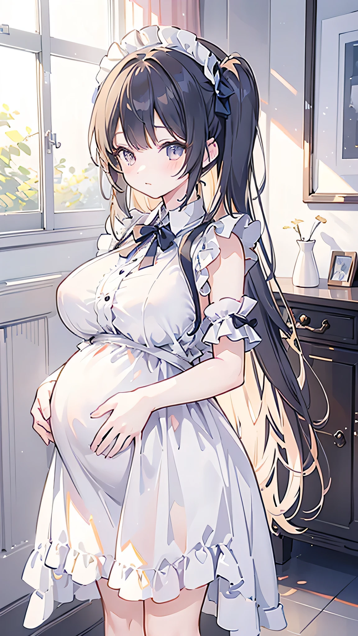 (Very detailed CG Unity 8k wallpaper)、(masterpiece)、(highest quality)、(Very detailed)、(Best illustrations)、(Best Shadow)、Maid clothes、girl、Two Side Up、Big Breasts、honey、Long Hair、Pregnant women