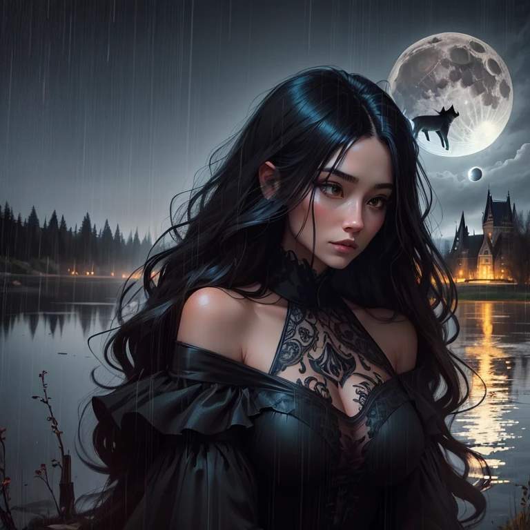 a beautiful woman with black fur, beautiful detailed eyes, beautiful detailed lips, extremely detailed face, long eyelashes, radiating both beauty and terror, in the enchanting Alaska mountains under a full moon night, amidst dry trees and undergrowth, intricate details, greg rutkowski, daniel castan, carne griffiths, andreas lie, russ mills, leonid afremov, comic-book oil painting, ferocity and elegance of nature, black background, visually compelling narrative, mystique of the wild, captivating allure of the female form