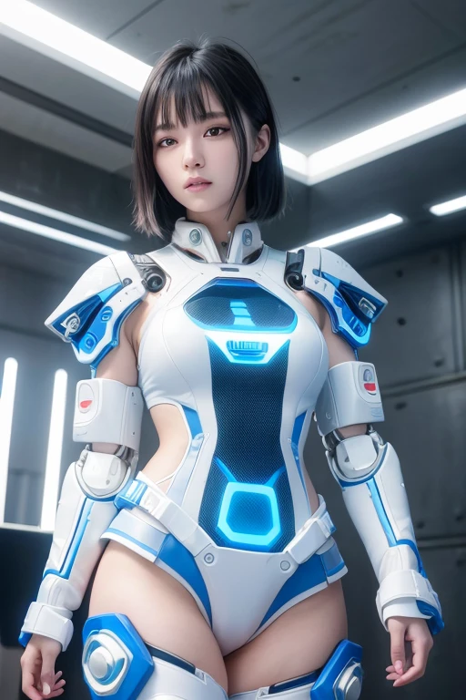 Ultra high definition、masterpiece、correct、Anatomically correct、Textured skin、Very detailed、High detail、high quality、最high quality、High resolution、8k、Digital Cyberpunk Art、Raw photo、whole body、Beautiful age Woman、One Japanese woman、Big beautiful eyeedium chest、Ash colored short hair、((Wear a white and blue cyberpunk battle suit))、(Walking through a cyberpunk station)、(Cyberpunk android girl)