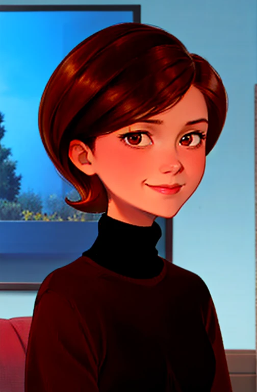helen parr, masterpiece, best quality, solo, brown hair, brown eyes, turtleneck, sweater, smile, short hair, turtleneck sweater, black sweater, 1girl, upper body, closed mouth, indoors, portrait, black sweater,