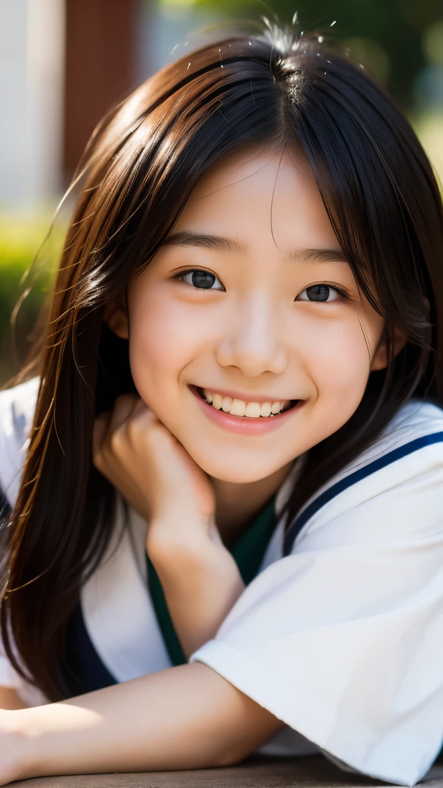 lens: 135mm f1.8, (highest quality),(RAW Photos), (Tabletop:1.1), (beautiful japanese girl), Cute face, (Deeply chiseled face:0.7), (freckles:0.4), dappled sunlight, Dramatic lighting, (Japanese School Uniform), (On campus), shy, (Close-up shot:1.2), (smile),, (Sparkling eyes)、(sunlight)