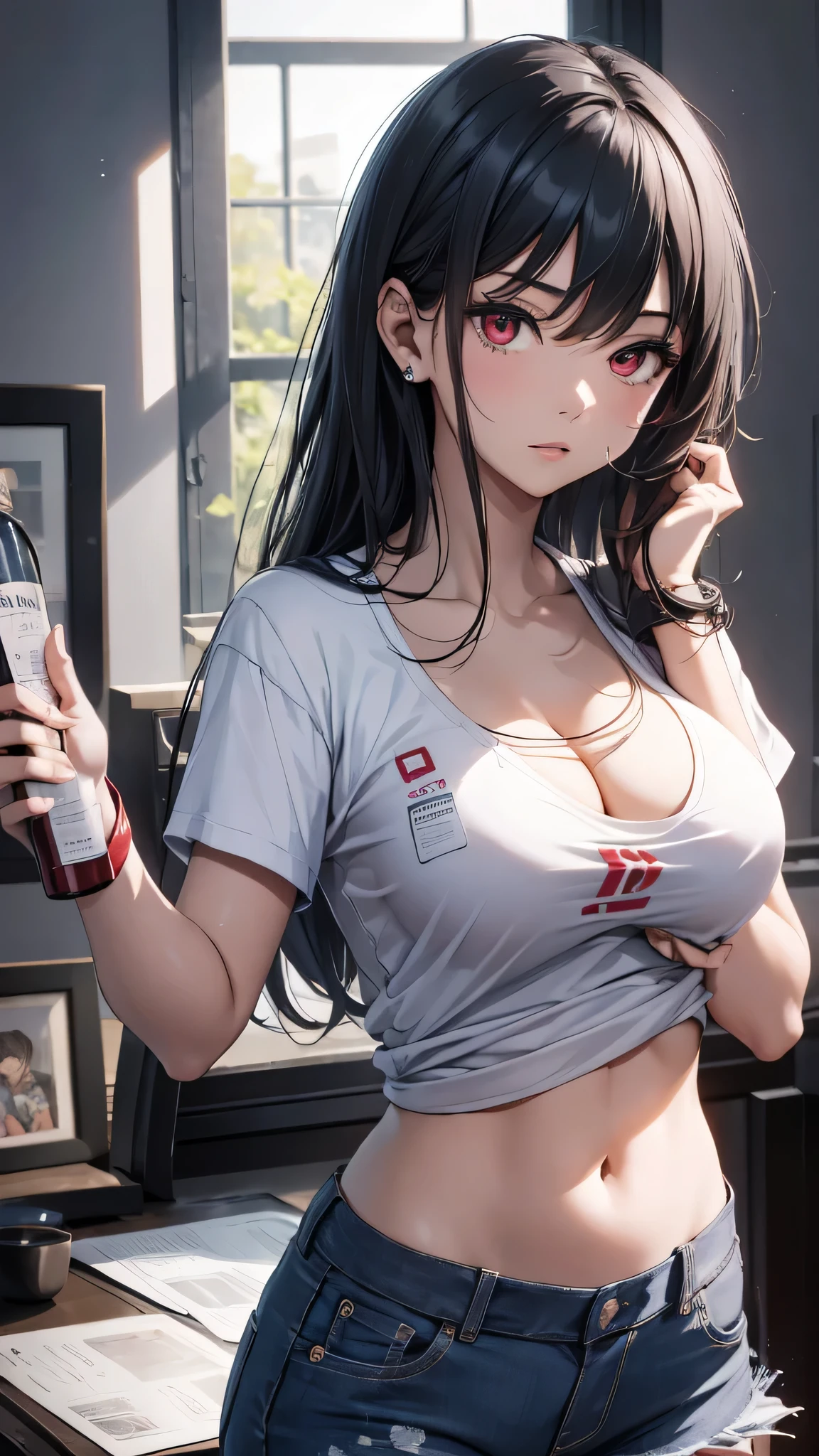 最high quality、Best image quality、masterpiece、girl((18-year-old、 By becoming、Best Bust、Medium Bust,Wide open breast tea、Red glowing eyes,Black Hair、Red Mesh、Disheveled Hair、Lointail、thin,The highest valley、Open chest、Luminous Wristbands、hair ornaments、Show the whole body,Black short sleeve T-shirt、Short denim trousers、Cool image, cool pose)),high quality、Beautiful art、background((model room))、Flight、Flying debris、Written boundary depth、movie、Visual Arts、Perfect art、8K,Genuine,