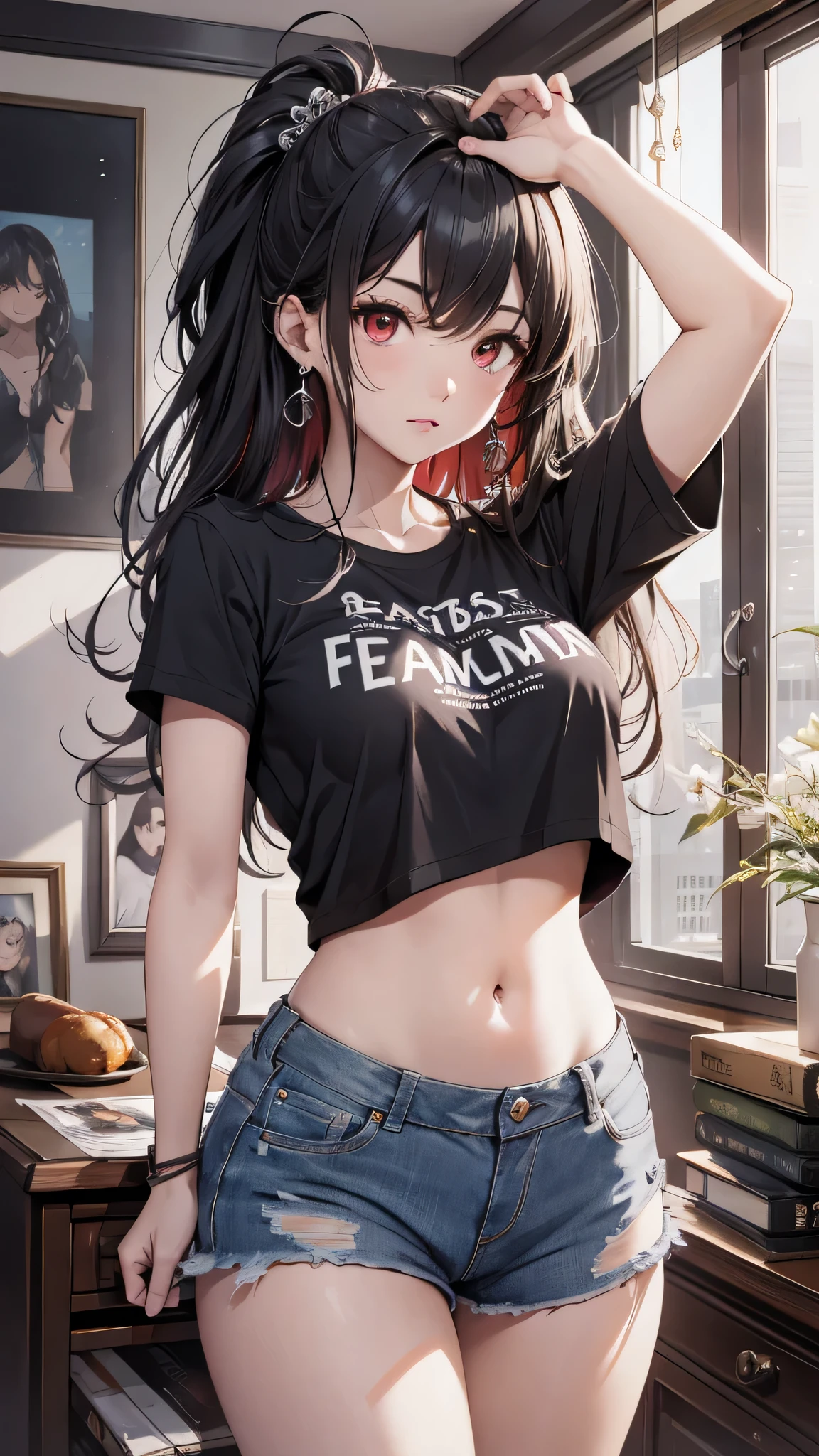 最high quality、Best image quality、masterpiece、girl((18-year-old、 By becoming、Best Bust、Medium Bust,Wide open breast tea、Red glowing eyes,Black Hair、Red Mesh、Disheveled Hair、Lointail、thin,The highest valley、Open chest、Luminous Wristbands、hair ornaments、Show the whole body,Black short sleeve T-shirt、Short denim trousers、Cool image, cool pose)),high quality、Beautiful art、background((model room))、Flight、Flying debris、Written boundary depth、movie、Visual Arts、Perfect art、8K,Genuine,