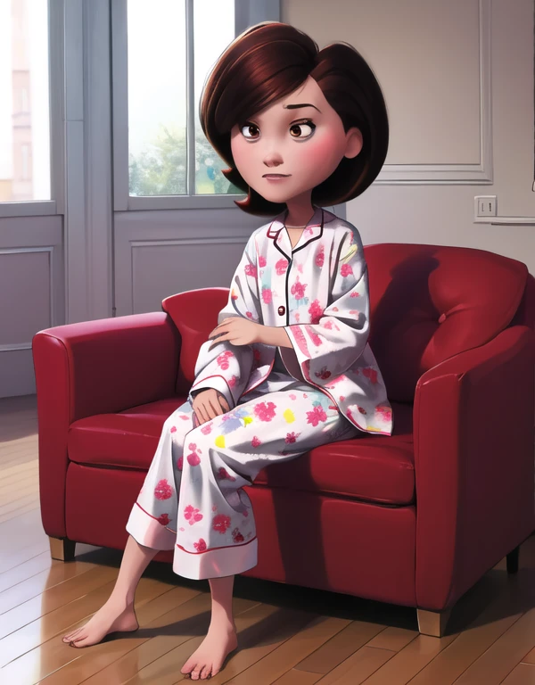 Solo, ((best quality)), ((highly detailed)), high colourful, masterpiece, (detailed eyes, deep eyes), (1woman), full body}, helenparr, brown hair, brown eyes, shy, grey pajamas , pajamas pants, (indoors, in living room, night), sitting on sofa,