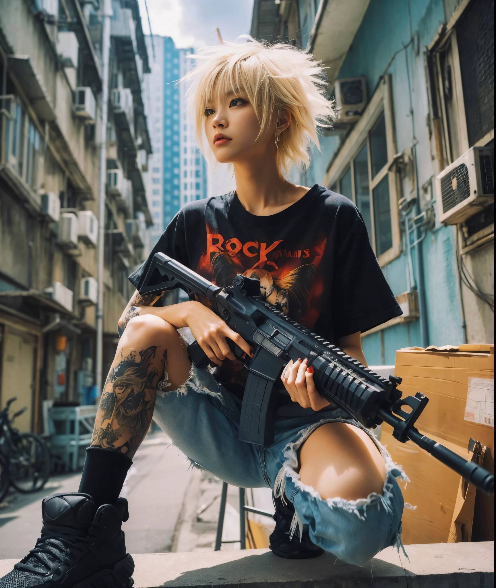 8K, realistic photo, realistic skin texture, Beautiful Japanese female vigilante living in America、A little bit into the future、2050、Blonde punkish hair、rockｔshirt、MP５A has a submachine gun、A street lined with old apartments、sneakers、Dynamic pose、Tattoo、Innovative composition、、Glasses