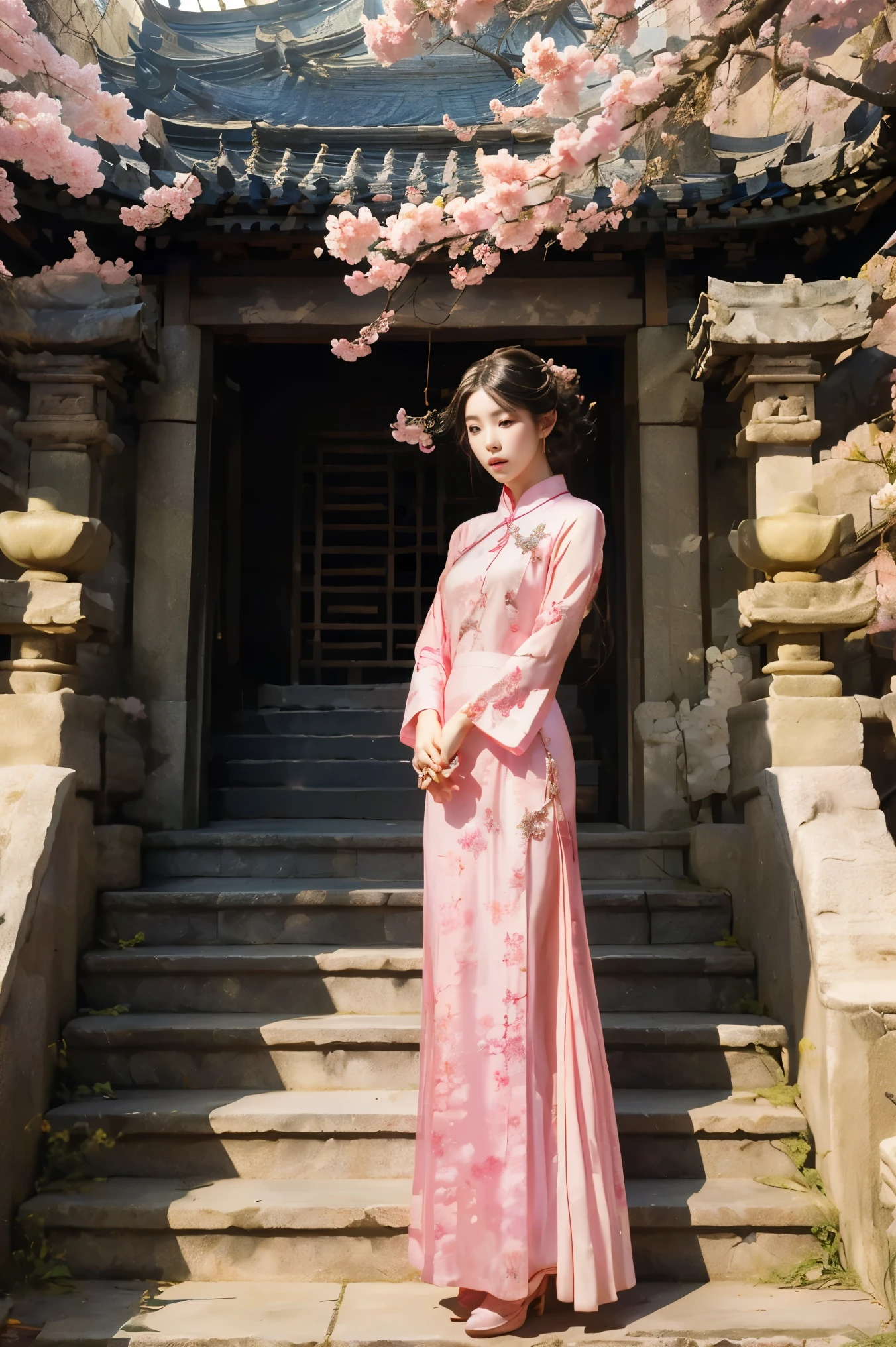 Girl wearing pink antique long cheongsam，Turn your head 45 degrees to the left，Direct vision，Very delicate face，Body slightly tilted to the right，Hands together，Black curly hair，Style reference: Sword King 3，folk-custom，Ancient style classical style，Beauty Mage，The background is a split-level loft，Cherry blossoms blooming next to，Stone floor underfoot，Behind is the stone steps，Design and costumes from Honor of Kings Zhen Ji&#39;s Garden Dream，Inspiration: Song Maojin，Elegant Numbers，Beautiful full body concept art，Beautiful digital artwork，Flowing cherry blossom silk, Chen Lin, Rob Ray and Kentaro Miura style, inspired by Fenghua Zhong, by Qu Leilei, by Lengmei, by Li Song