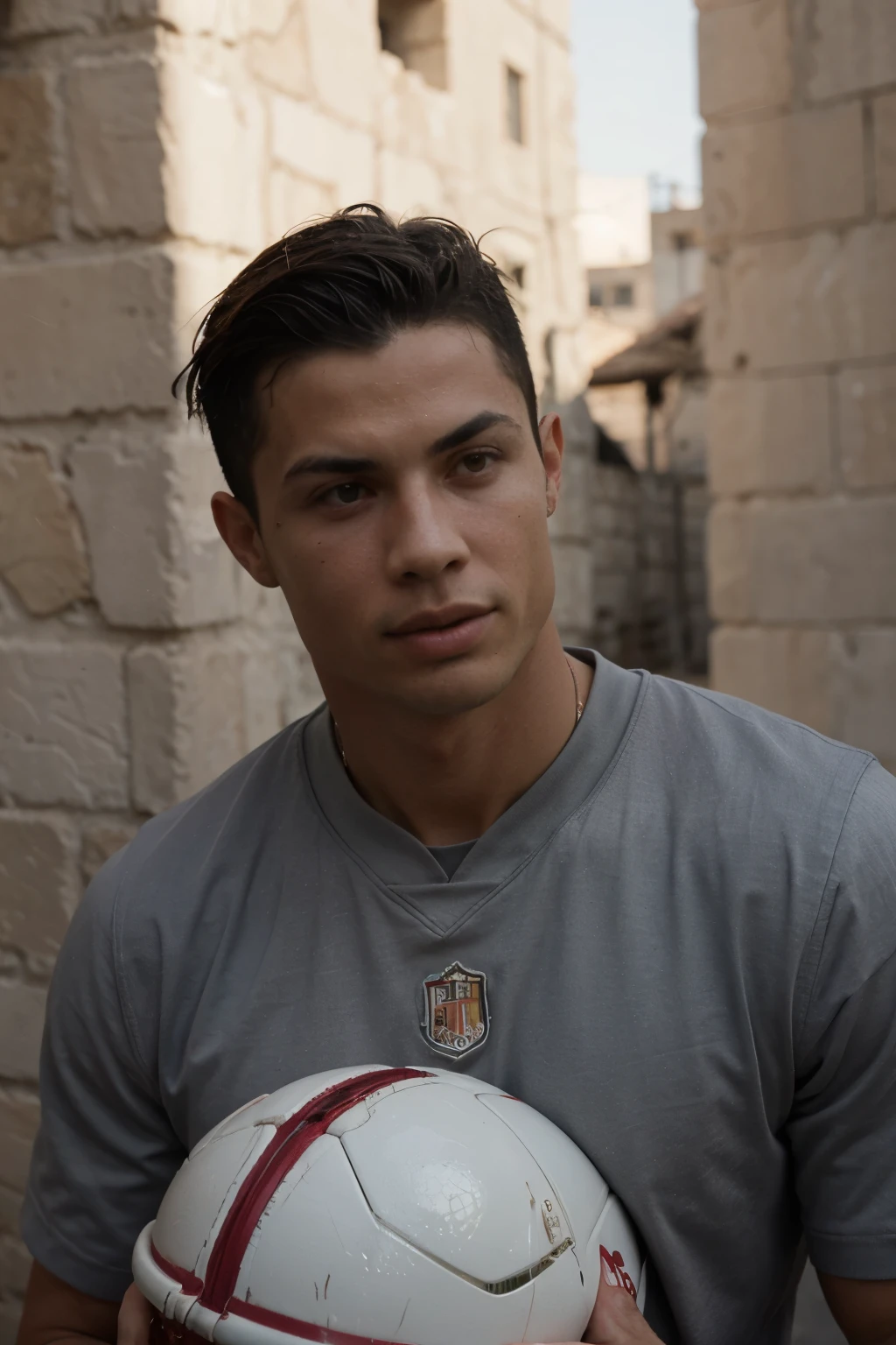 ((Best quality)), ((Masterpiece)), (Hinge), Perfect face Portrait of football player Cristiano Ronaldo in front of the Aleppo Citadel