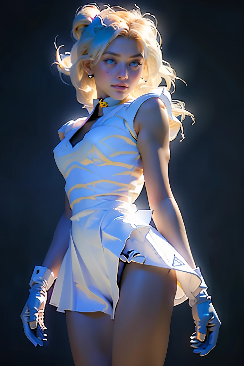 tsukino usagi, (Masterpiece:1.2), closeup, best quality, one girl with the cutte face, portrait of a blonde-haired young girl in zero gravity, sailor moon, abstract background, (beautiful extra detailed blonde hair:0.8), sailor moon uniform, blue skirt, elbow gloves, red bow, white gloves, pleated skirt,Center symmetrical composition,Axisymmetric composition,realistic,skin textures, correct anatomy