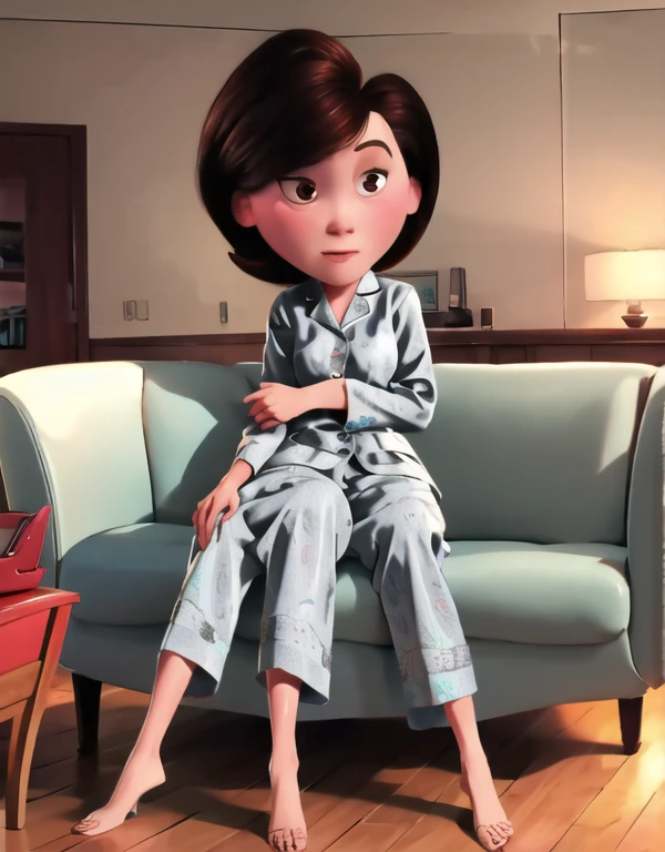 Solo, ((best quality)), ((highly detailed)), high colourful, masterpiece, (detailed eyes, deep eyes), (1woman), full body}, medium breasts, high hips, helenparr, brown hair, brown eyes, shy, grey pajamas , pajamas pants, (indoors, in living room, night), sitting on sofa,