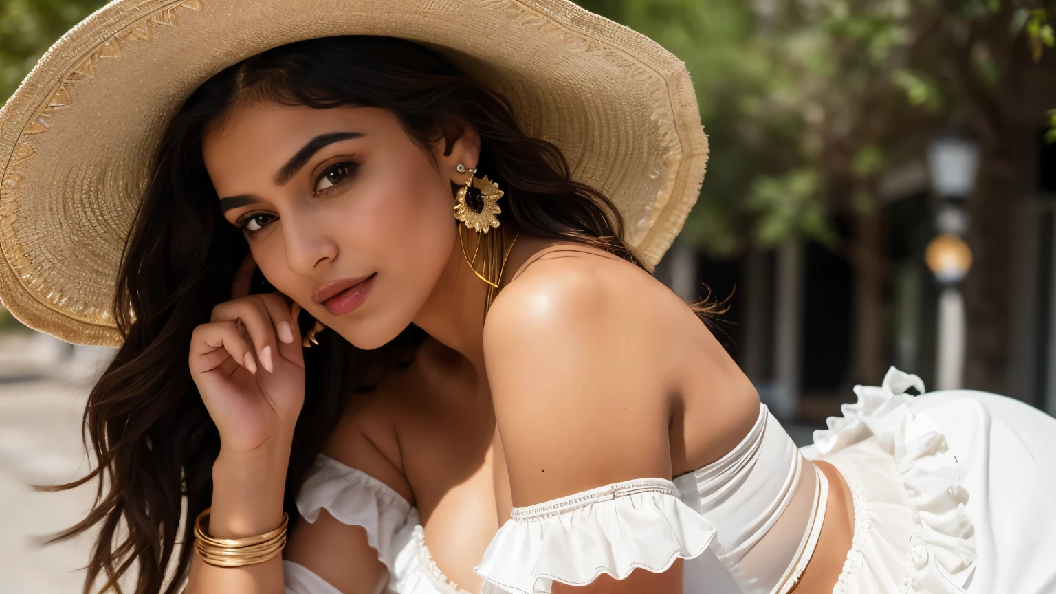(Masterpiece), (portrait), (aesthetics), (beau), (Upper Blody), Indian girl, big breasts with bra, (High quality), (Aesthetic clothing), (Angle professionnel), (Rule of Thirds), (feminine), (femme), (Female), (beau),(Feminine characteristics), (22 ans), seulement, 1 femme, (Indan attrayant), summer, natural light, (assis), Maquillage frais, (Buste moyen), ((tenant un Sombrero)), (side face), (Expression joyeuse), ((Dynamique, content)), Declaration collar, ((cheveux longs)), (cheveux bruns), (cheveux raides), (thick black hair), Cheveux brillants naturels, (Flower Clip dans les cheveux), (yeux bruns), (playful, Colorful look), (Olive skin), (Embroidered garments), (Shoulder top), (Ruffled skirt), (sandales), Neckline darling), ((Contexte urbain)), (-background), (Plan complet), Belles mains, deux mains, mains normales, deux bras, Full hands, beau corps, de beaux doigts, doigts normaux, cinq doigts, cinq doigts, (Thumb index finger interference ring little fingers), Belles oreilles, oreilles normales, beaux yeux, yeux brillants, belle bouche, lovely lips,