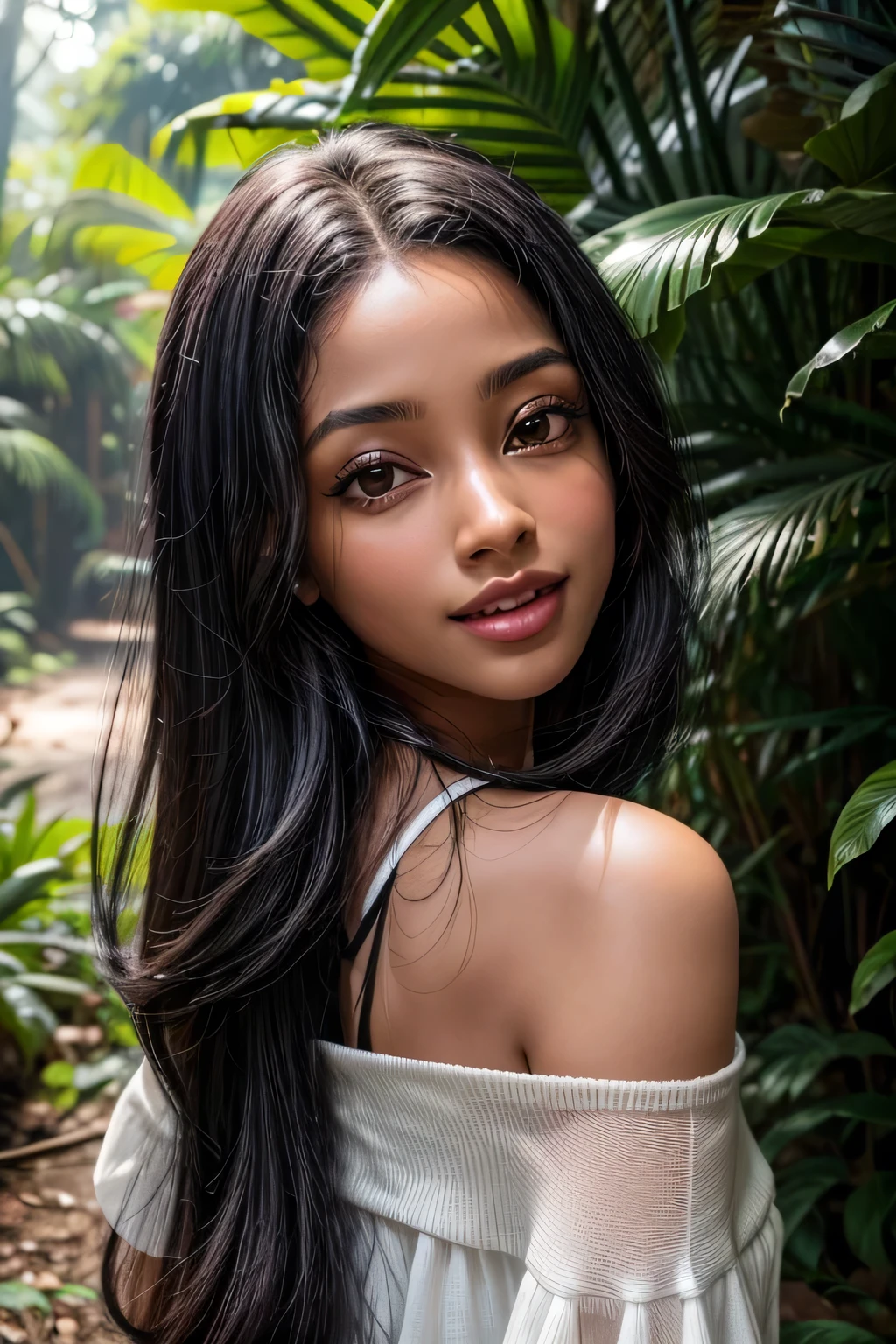 mulher negra, pele escura, olhos castanhos, idade 21 anos, andando na floresta, cabelos longos, sorriso branco, olhar sedutor