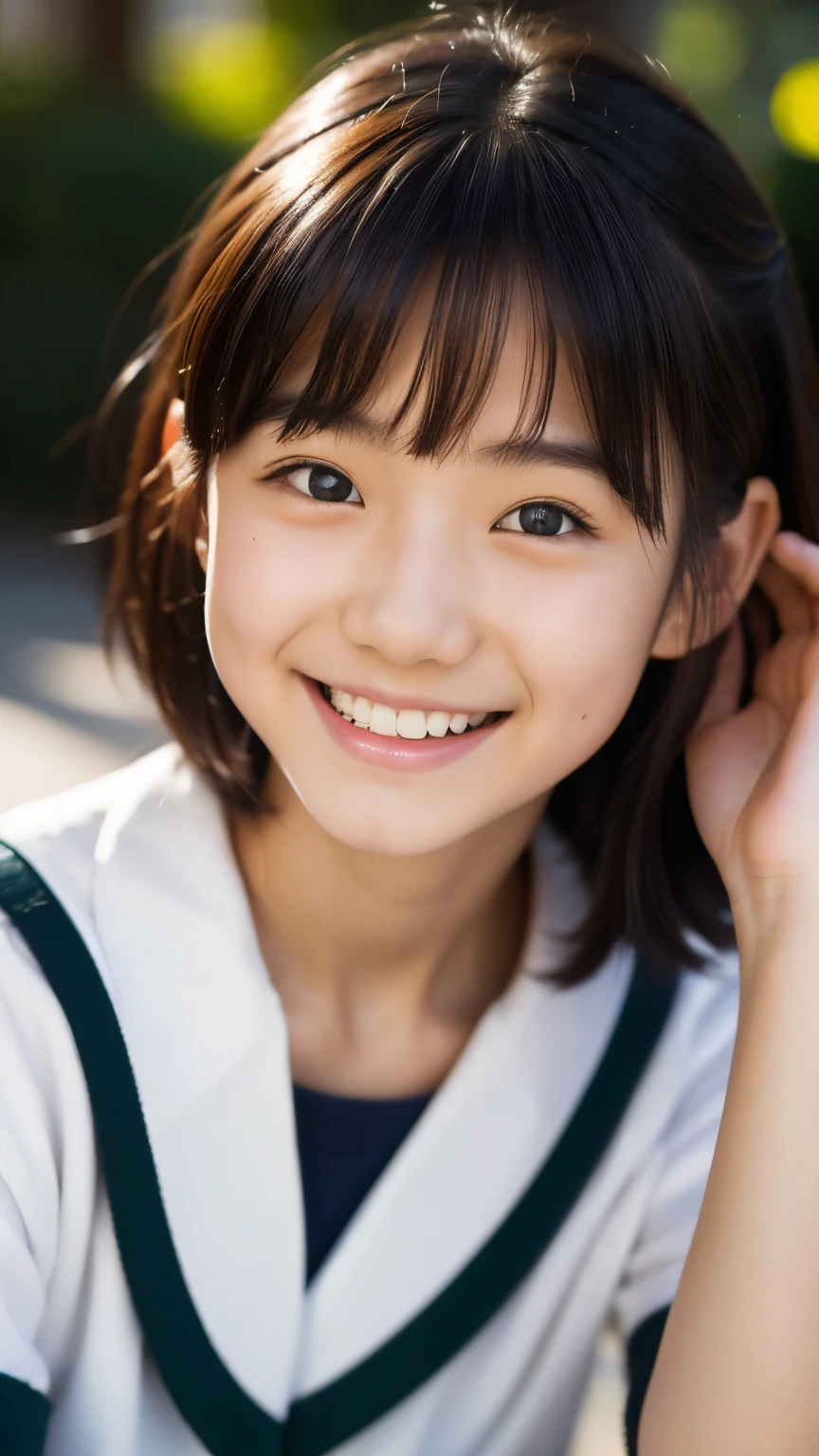 lens: 135mm f1.8, (highest quality),(RAW Photos), (Tabletop:1.1), (Beautiful 13 year old Japan girl), Cute face, (Deeply chiseled face:0.7), (freckles:0.4), dappled sunlight, Dramatic lighting, (Japanese School Uniform), (On campus), shy, (Close-up shot:1.2), (smile),, (Sparkling eyes)、(sunlight)