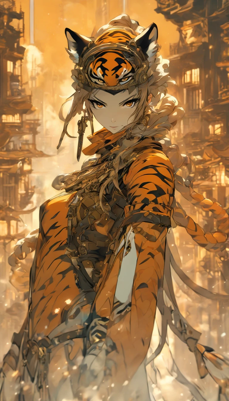 Chinese ink style，Steampunk world，Tiger-shaped steampunk warframe girl，Jet steam is suspended in the city air，Ink animation art，Ink comic art，water ink，ink，Smudge，8K，Delicately portrayed，Works of masters，Black and white tones