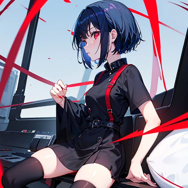 Solo girl with Dark blue hair, short, wearing a black and red mini dress, has red eyes