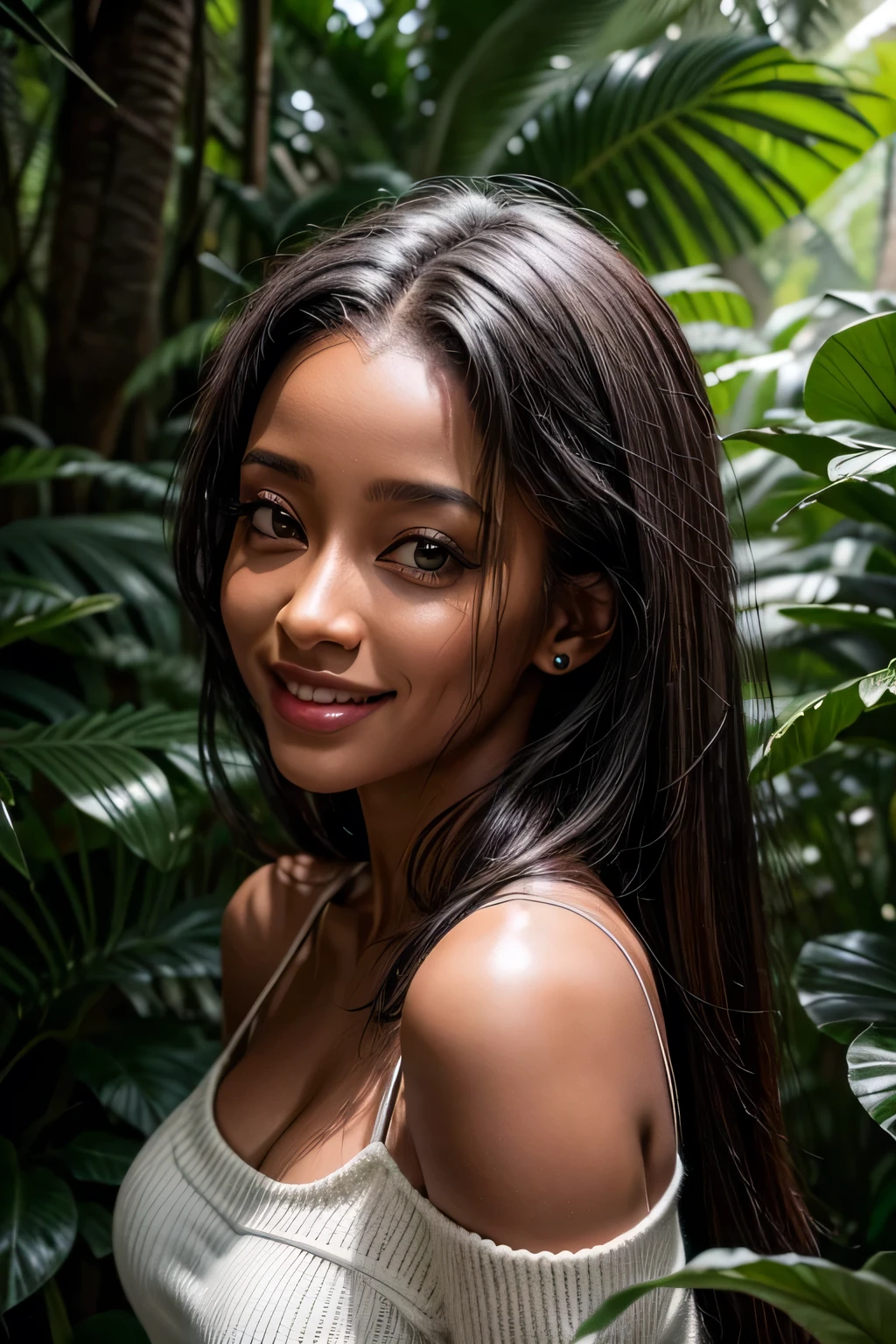 mulher negra, pele escura, olhos castanhos, idade 21 anos, andando na floresta, cabelos longos, sorriso branco, olhar sedutor