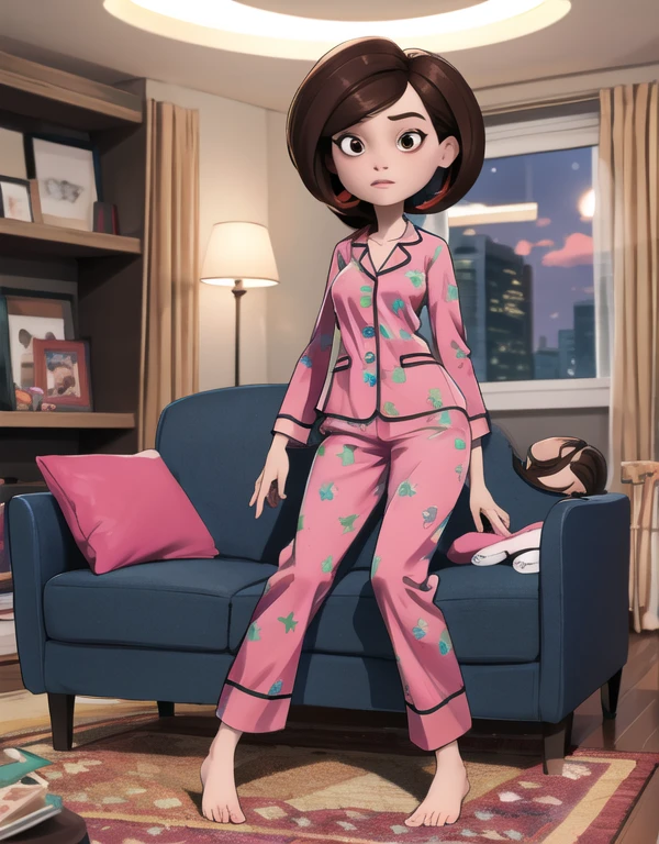 Solo, ((best quality)), ((highly detailed)), high colourful, masterpiece, (detailed eyes, deep eyes), (1woman), full body}, medium breasts, high hips, helenparr, brown hair, brown eyes, shy, grey pajamas , pajamas pants, (indoors, in living room, night), sitting on sofa,