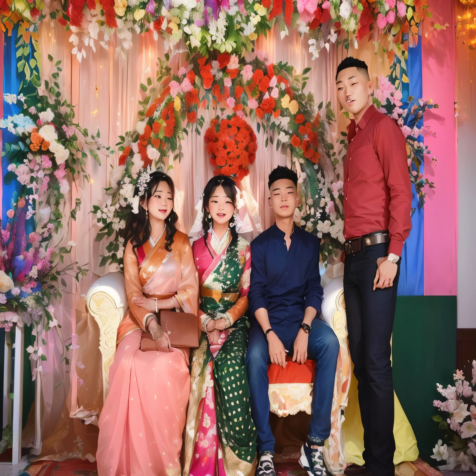 there are three people sitting on a couch in front of a floral wall, profile picture, happy family, group, photo taken in 2 0 2 0, profile image, wedding photo, Korean boy with blue shirt and jeans, cute,exclusive, candid picture, candid flash photography, photo taken with nikon d 7 5 0, photo taken with nikon d750, wedding, a picture, candid photography, very accurate photo