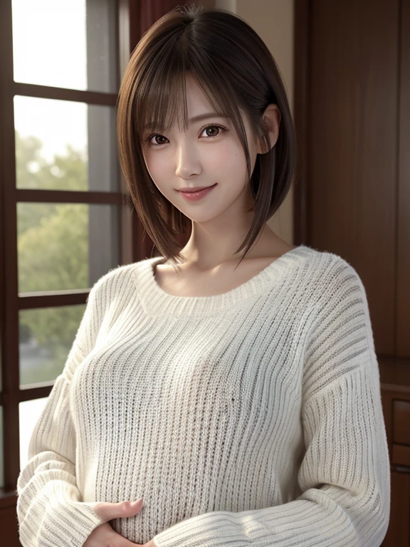 1 Japanese girl,(White sweater:1.4), (RAW Photos, highest quality), (Realistic, Realistic:1.4), Tabletop, Very delicate and beautiful, Very detailed, 8k wallpaper, wonderful, In detail, Very detailedなCG Unity, High resolution, Soft Light, Beautiful details 19 years old, Very detailedな目と顔, Beautiful and detailed nose, Beautiful details,Cinema Lighting,Perfect Anatomy,Slender body,smile  (Asymmetrical bangs,),（pregnant）