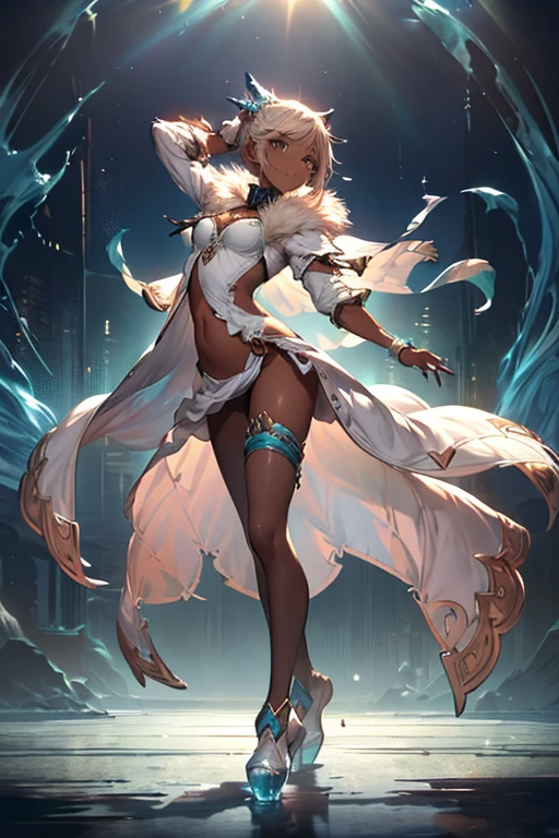 In an alleyway, skinny girl, pale skin, short messy blonde hair, white sports bra with rose gold trim, (tiny white thong with rose gold trim:1.3), white stockings, white cape with rose gold trim, white boots, standing ready to fight, furious look on face, (fists clenched:1.5) , radiating energy, nijistyle,