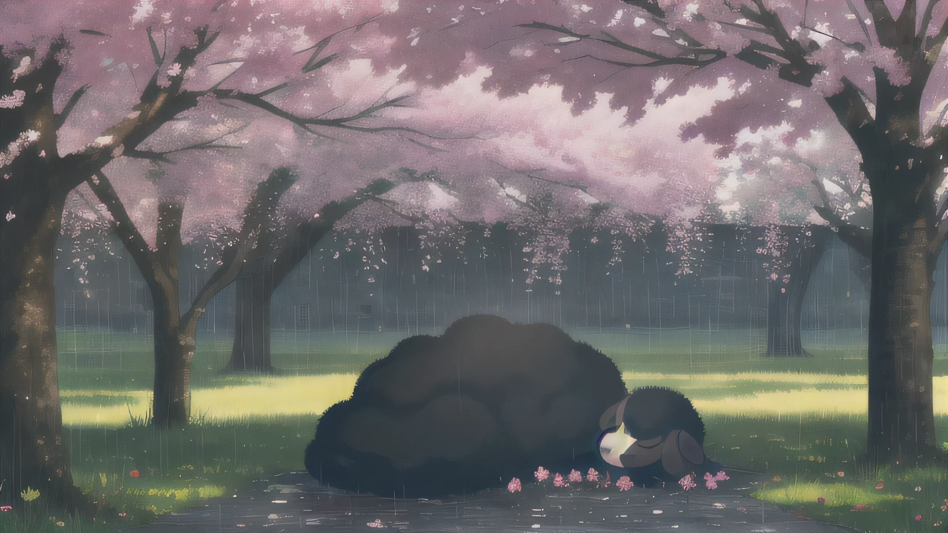 A black sheep sleeping under a cherry tree on a rainy night