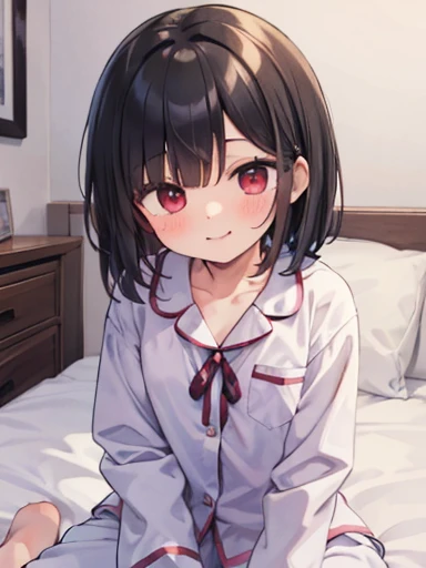 masterpiece, highest quality, girl, alone,pajamas,on the bed,red eyes,smile, blush,black hair bob,sexy face,Cheeky smirk,mischief,upward glance