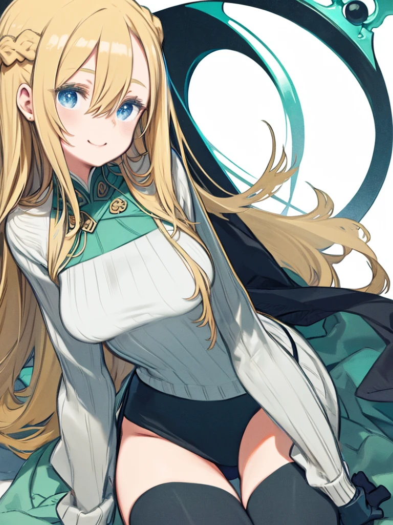 masterpiece、highest quality、High resolution、Very detailed、((Flat Color))、woman、beautiful、Smiling、(mint, blue eyes, braid、Long blonde、Hair between the eyes、Big Breasts)、Green Sweater、Turtleneck sweater、Long sleeve、Black Stockings、Pencil Skirt、