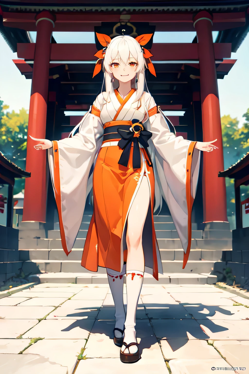 Anime Style，((Red-orange eyes)), (長いWhite Hair), ((White Hair)), (((Straight hair))), Hair between the eyes, ((Red and orange hair ribbon)), One Girl, (Red-orange shrine maiden), White knee-high socks, tooth, Looking at the audience, Big smile, (Tabletop:1.2), highest quality, High resolution, 4K，(Beautiful fine details:1.6), Highly detailed face, Perfect lighting, Anime Style，standing , full body , toe，white background，