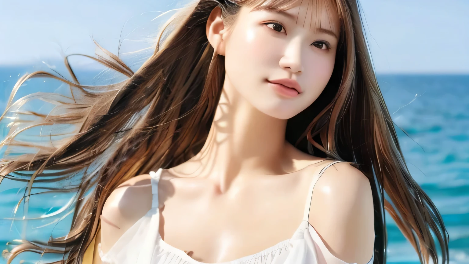 Cleavage, highest quality, masterpiece, super high resolution, (Photorealistic: 1.4), raw photo, 1 girl, white swimsuit, off-shoulder, blue sea, glowing skin,