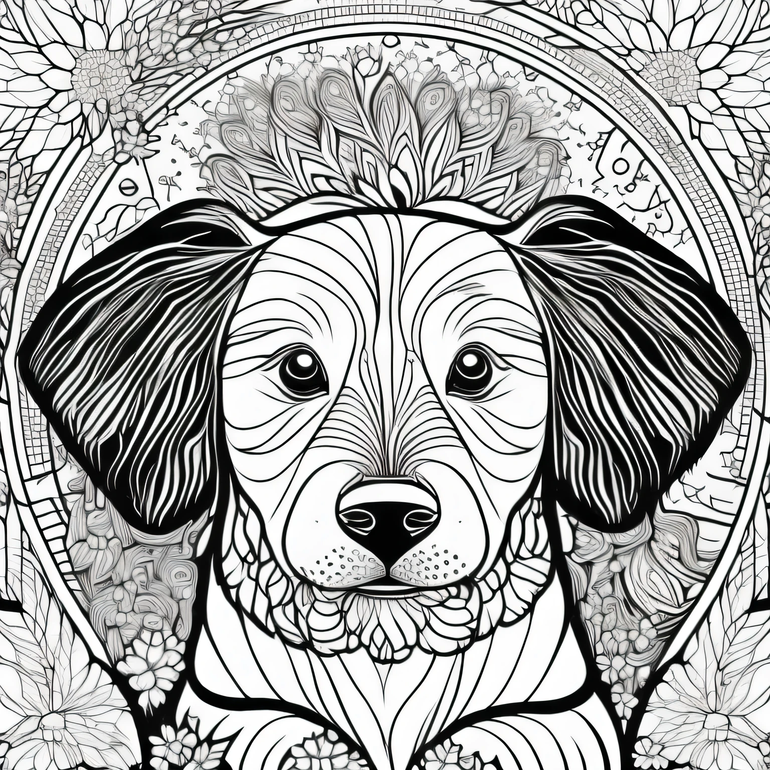 "(best quality,4k,8k,highres,masterpiece:1.2),ultra-detailed,(realistic,photorealistic,photo-realistic:1.37), cute Dog, playful expression, expressive eyes, fluffy fur, adorable, in a sitting pose, surrounded by colorful flowers, serene atmosphere, Mandala style pattern on the fur, intricate and decorative, white background with soft gradients, black and white color palette, delicate and thin lines, intricate floral motifs, intricate geometric designs, mindful coloring book page for adults, peaceful and calming vibes, reminiscent of a meditative experience.+"