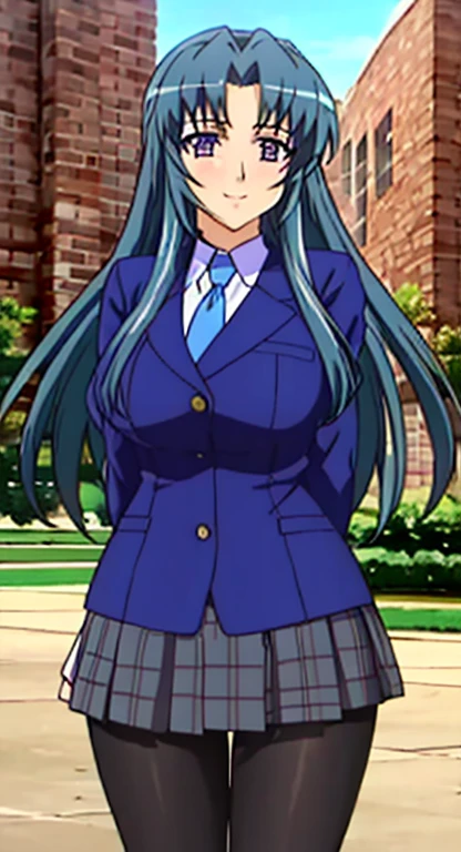 masterpiece, lots of details, 4k, (Super detailed), High resolution, cinematic lighting, atmosphere lighting, official artwork, cowboy shot, outdoor, School, Sayuri, 1 girl, alone, female focus, long hair, blue hair, side lock, floating hair, purple eyes, looking at the viewer, blush, smile, , tie, Jacket, blazer, skirt, pantyhose, put your hands behind your back, hidden hand, Are standing, big breasts, miniskirt, plaid skirt,