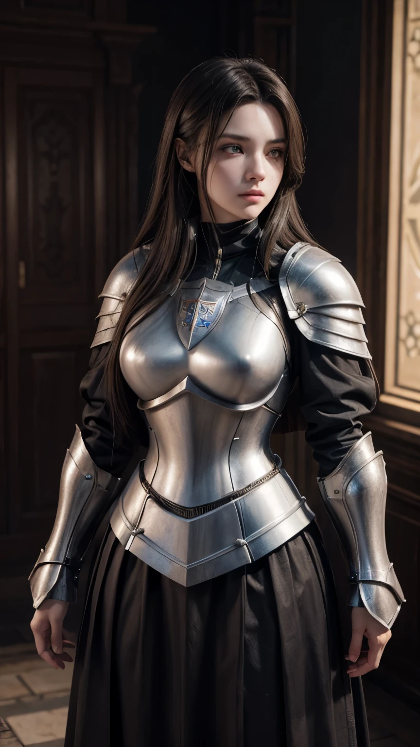 A dark-haired woman in armor takes a photo in a room, Amazing character art, Girl in Templar Knight Armor, 3d rendering character art 8k, of a beautiful female knight, 2. 5D CGI Anime Fantasy Artwork, Detailed digital anime art, Beautiful Female Templar Knight, Photorealistic Anime Girl Rendering, Highly detailed art gems, Fan Art Best Art Station, Beautiful woman in a Templar cloak、(sword)、大きなsword、(shield)、whole body、Long skirt、