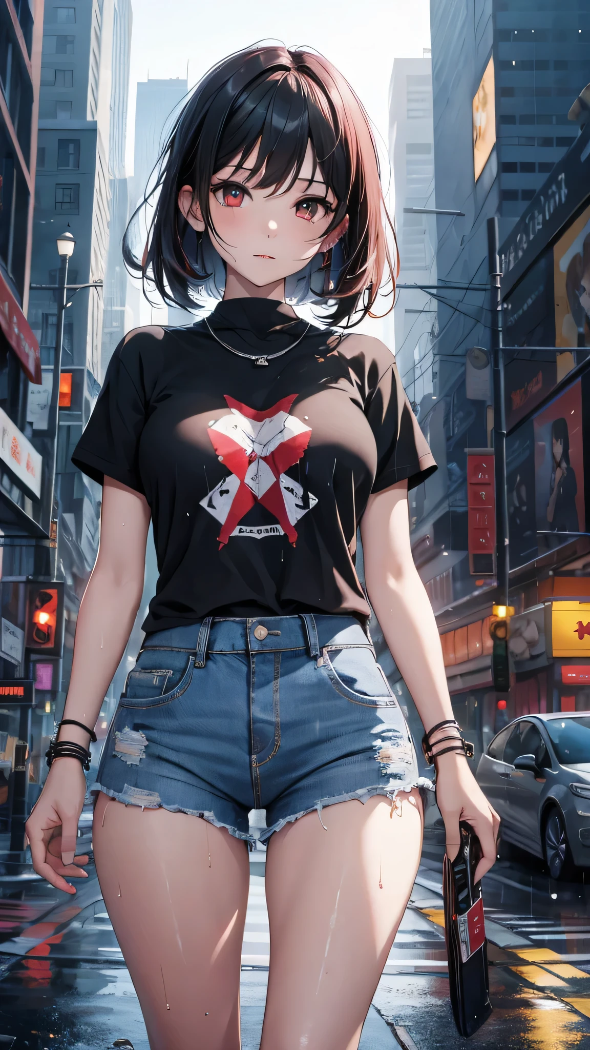 最high quality、Best image quality、masterpiece、girl((18-year-old、 By becoming、Best Bust、Medium Bust,Wide open breast tea、Red glowing eyes,Black Hair、Red Mesh、Disheveled Hair、Lointail、thin,The highest valley、Open chest、Luminous Wristbands、hair ornaments、Show the whole body,Black short sleeve T-shirt、Short denim trousers、Cool image, cool pose、My whole body is wet)),high quality、Beautiful art、background((City of night、heavy rain))、Flight、Flying debris、Written boundary depth、movie、Visual Arts、Perfect art、8K,Genuine,