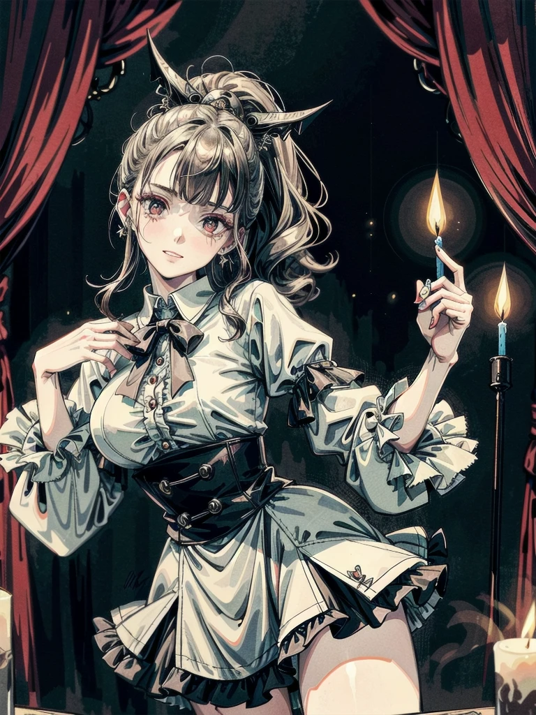 whole body, (inside basement), skirt, shirt, long sleeves, frills, evil grin, creepy, (candles), hair ornament, (dolls), tapestry, horror theme, absurdres, RAW photo, extremely delicate and beautiful, masterpiece, Best Quality, ultra high resolution, 32k, hyperrealistic, ultra-detailed, detailed description, pale skin, 20 years old, tearful mole, earring, Colossal tits, short medium hair, wavy hair,