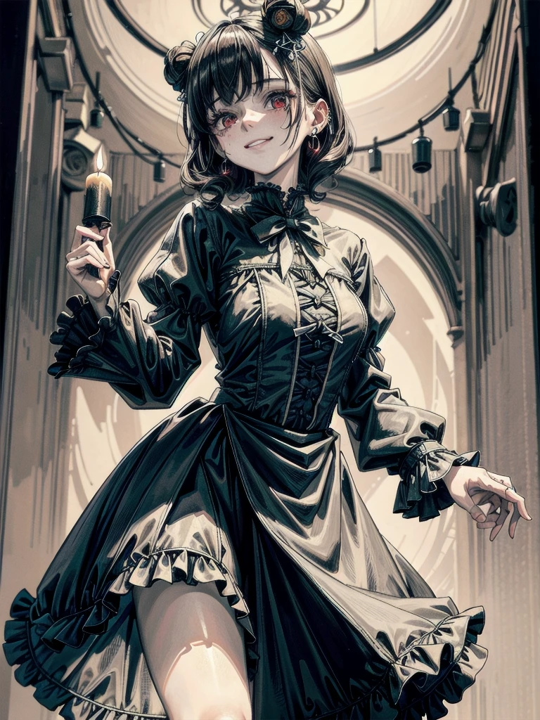 whole body, (inside basement), skirt, shirt, long sleeves, frills, evil grin, creepy, (candles), hair ornament, (dolls), tapestry, horror theme, absurdres, RAW photo, extremely delicate and beautiful, masterpiece, Best Quality, ultra high resolution, 32k, hyperrealistic, ultra-detailed, detailed description, pale skin, 20 years old, tearful mole, earring, Colossal tits, short medium hair, wavy hair,