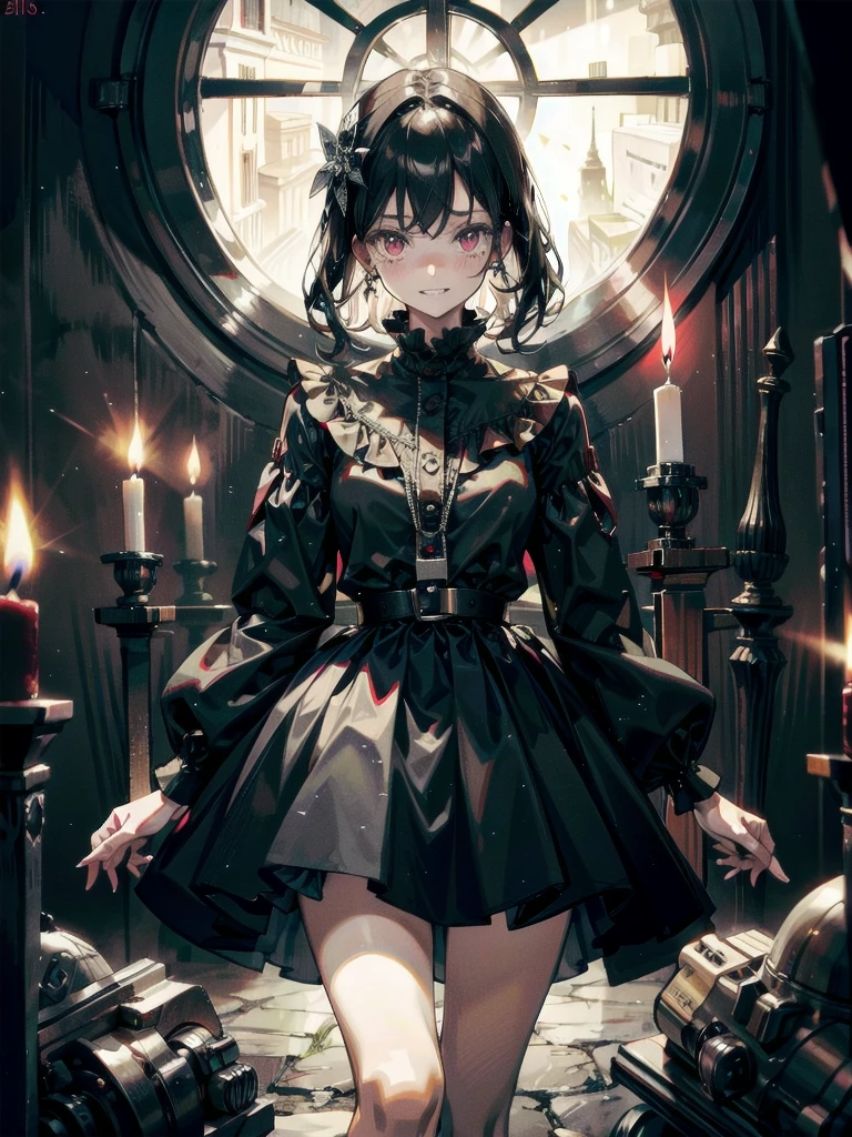 whole body, (inside basement), skirt, shirt, long sleeves, frills, evil grin, creepy, (candles), hair ornament, (dolls), tapestry, horror theme, absurdres, RAW photo, extremely delicate and beautiful, masterpiece, Best Quality, ultra high resolution, 32k, hyperrealistic, ultra-detailed, detailed description, pale skin, 20 years old, tearful mole, earring, Colossal tits, short medium hair, wavy hair,