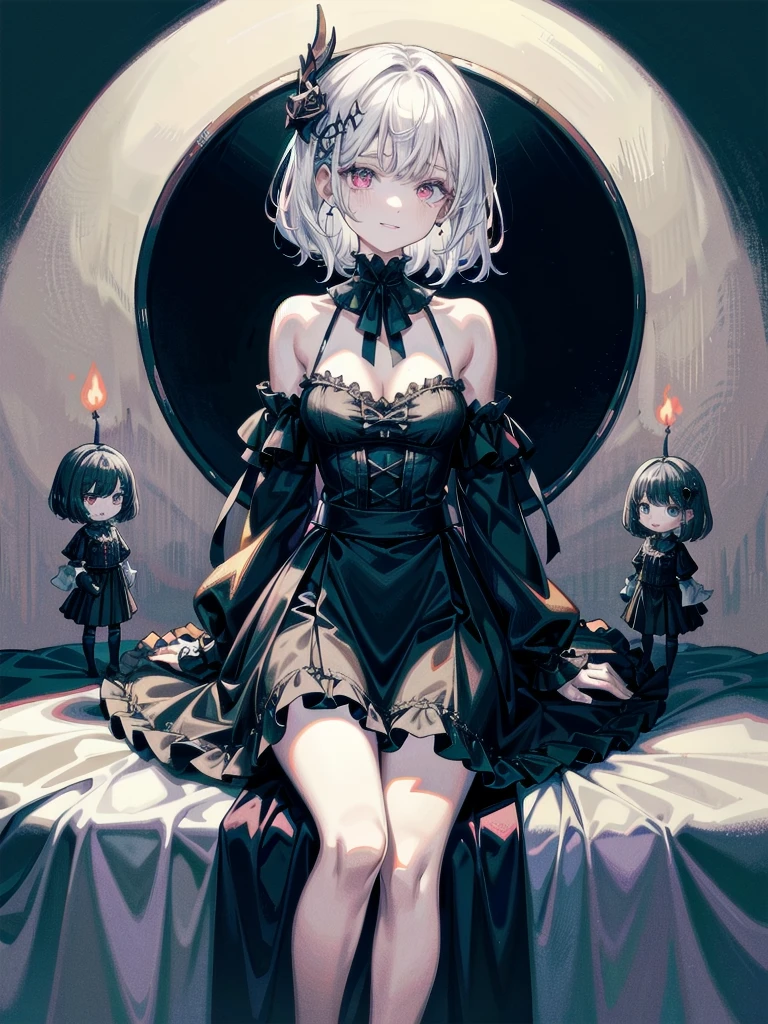 whole body, (inside basement), skirt, shirt, long sleeves, frills, evil grin, creepy, (candles), hair ornament, (dolls), tapestry, horror theme, absurdres, RAW photo, extremely delicate and beautiful, masterpiece, Best Quality, ultra high resolution, 32k, hyperrealistic, ultra-detailed, detailed description, pale skin, 20 years old, tearful mole, earring, Colossal tits, short medium hair, wavy hair,