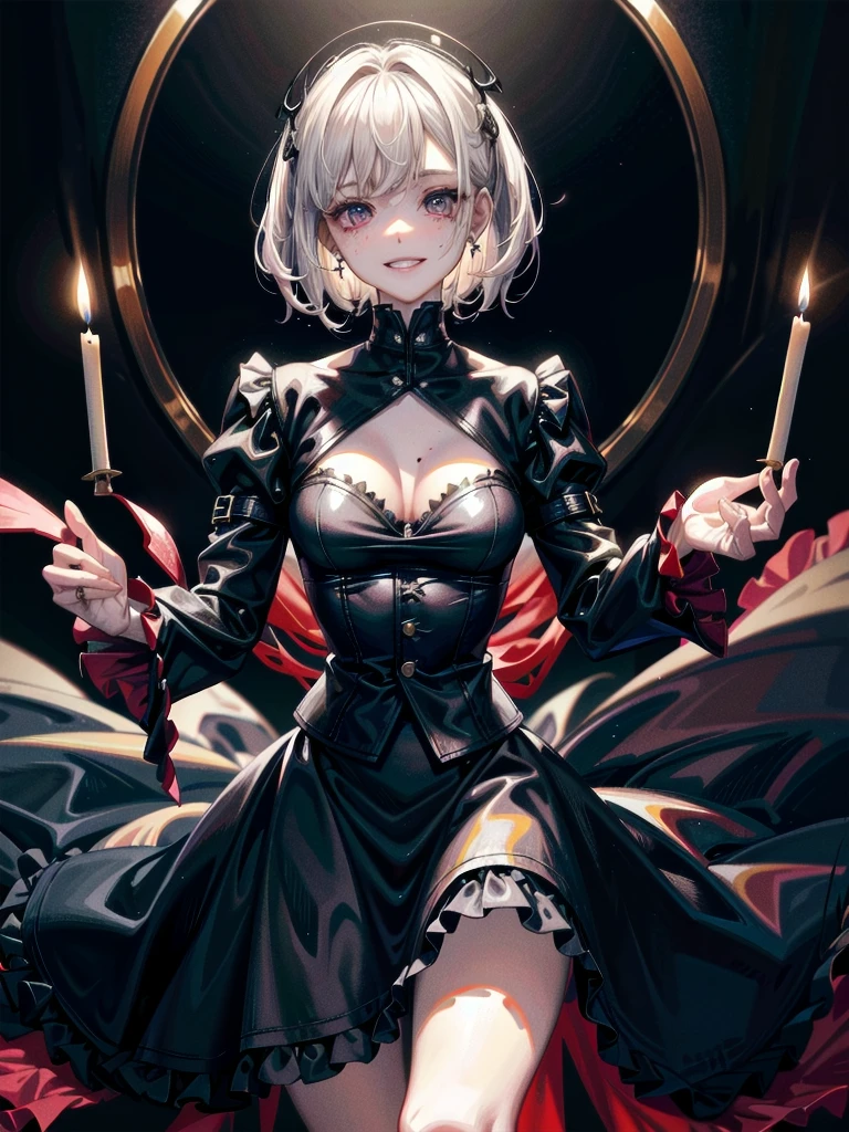 whole body, (inside basement), skirt, shirt, long sleeves, frills, evil grin, creepy, (candles), hair ornament, (dolls), tapestry, horror theme, absurdres, RAW photo, extremely delicate and beautiful, masterpiece, Best Quality, ultra high resolution, 32k, hyperrealistic, ultra-detailed, detailed description, pale skin, 20 years old, tearful mole, earring, Colossal tits, short medium hair, wavy hair,