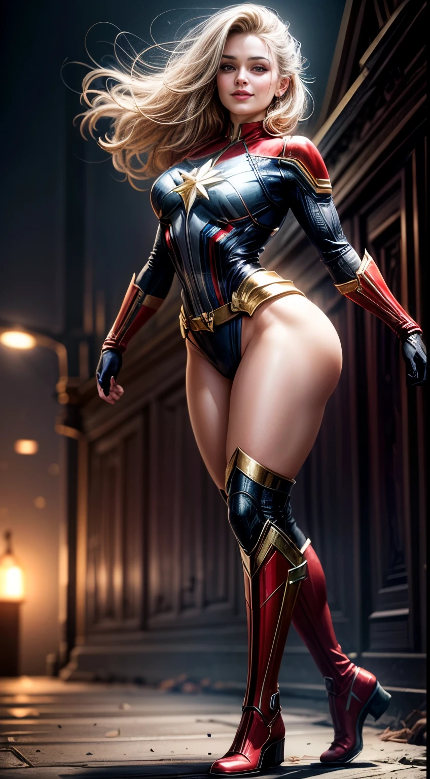 MASTERPIECE, ABSURD QUALITY, NIGHT LIGHT, 9 p.m., ((Best quality, 8k, Masterpiece: 1.3)), Sharp focus: 1.2, A Captain Marvel cosplay woman, dressed as the character Captain Marvel, (((BIG SMILE))) style Aly Fell and artgerm, beautiful digital art, raymond swanland style, epic digital art illustration, alena aenami and artgerm, zenescope, by Marek Okon, artgerm julie bell beeple, intricate body, sharp focus in the eyes, ((background blur)), 8k, unreal engine 5, thick arms, (((thick legs)))