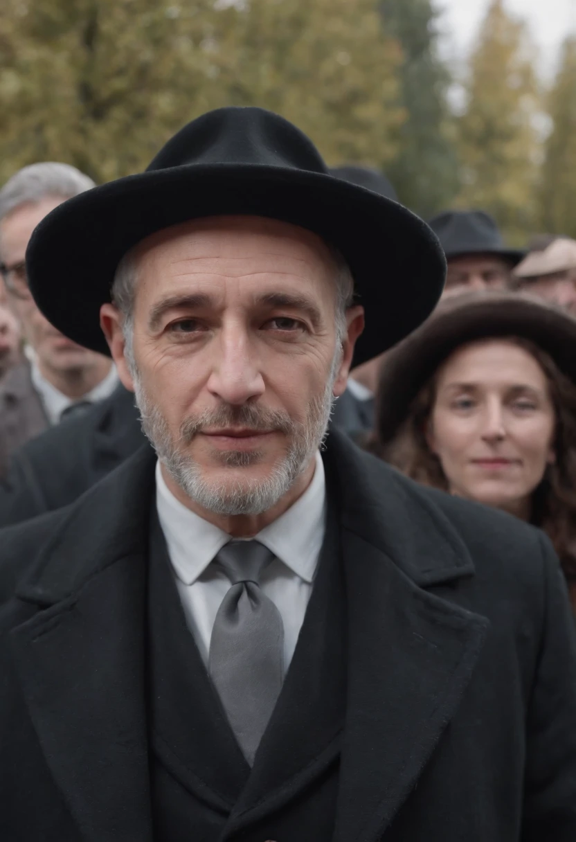 crowd of Jews gathered, in a Jewish town on a sunny day. with black coat and fedora hat, focusing on the face and 4k image.