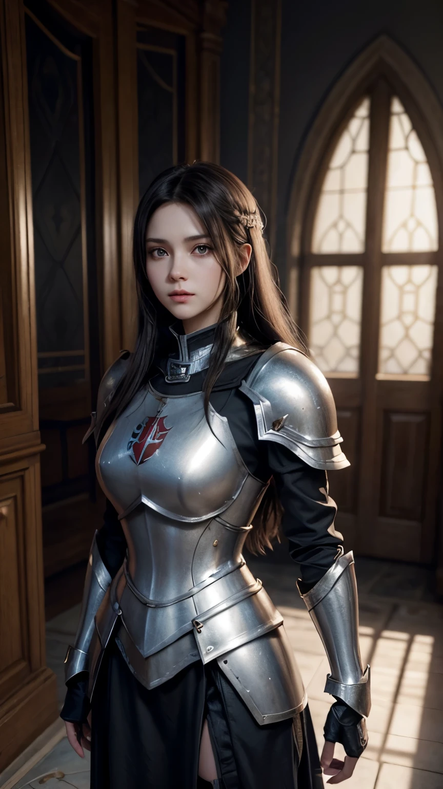 ((8k, Highest quality:1.2))、((masterpiece)), 25-year-old woman、 (Attractive Russian Model:1.0)、(((Black Armor)))、((Delicate metal armor))、(((Big Breasts)))、((Image of the Holy Knight))、((Strong muscular body), 、Long Hair、Disheveled Hair、Blonde、 High resolution, (Skin Texture:1.1), Highest quality, 超High resolution, (Realistic: 1.4), RAW Photos, Nikon D850 film stock photos, F1.6 Lenses, Rich colors, Bokeh, Sharp focus, Realistic, Cinestill 800, Backlight, Rim Light, Realistic, Realistic Shadow, 3d, (Temple Background:1.2),((Background stained glass))、Hair blowing in the wind、Upper Body、 (Leather gloves),Combat Accessories,breastplateて、、Voluminous lips、((Big Breasts))、((Huge breasts))、((Perfect Face))、Big eyes、Delicate eyes、((looking at the camera))、belt、Intricately patterned armor、((whole body))、Delicate hands、Uplifting、Are standing、 (Ancient fantasy soldiers),(Ancient soldier armor),Combat Accessories,breastplate、(((ミニスカートとガーターbelt)))